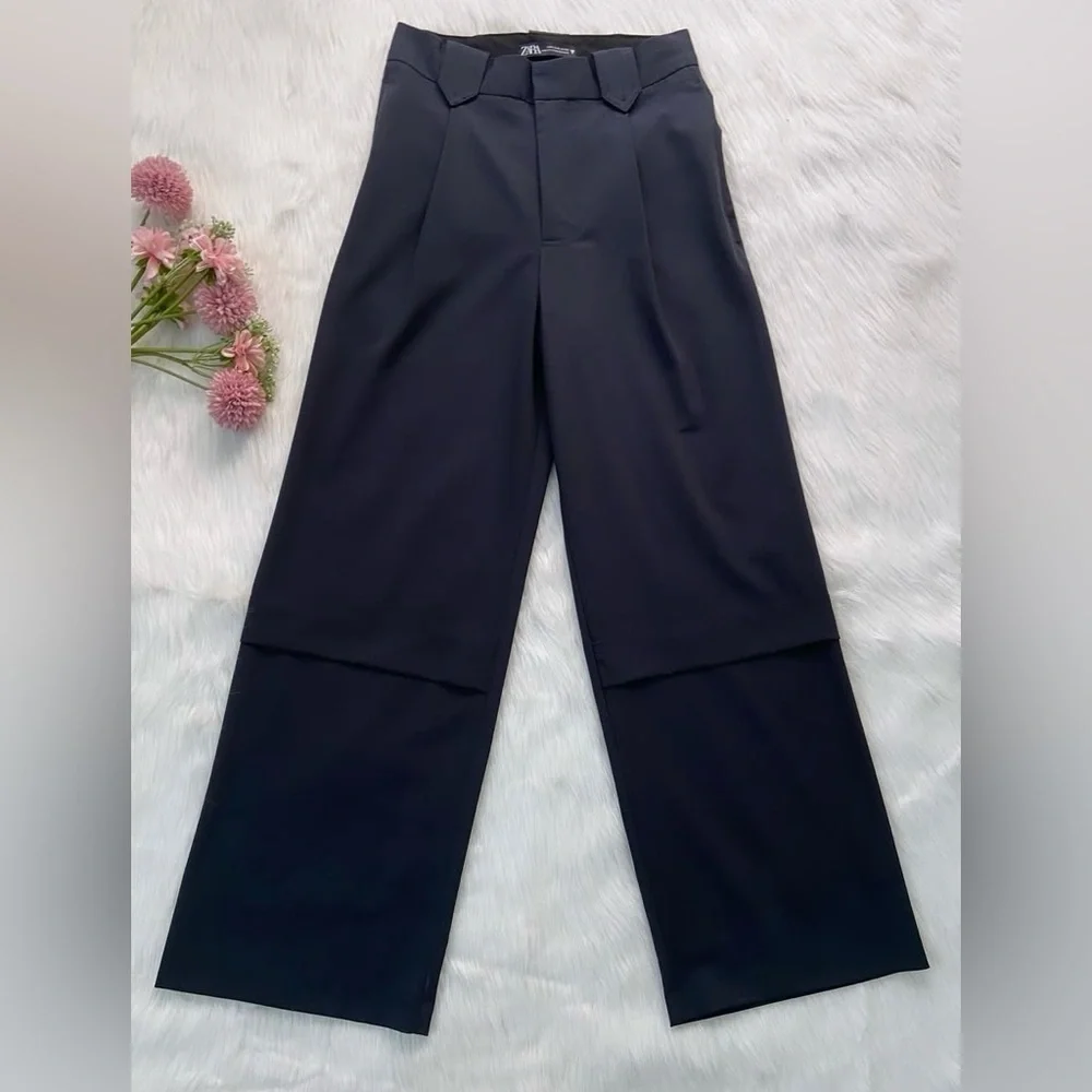 NWT Zara Wide Leg Trousers Navy Blue Pants Poly / Viscose / Elastane Blend Large - Picture 5 of 12